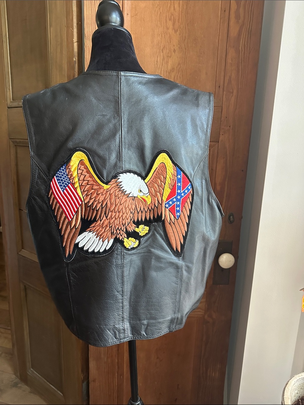 Black Wilson’s Leather Vest with Large Eagle Patch - Patriotic Design